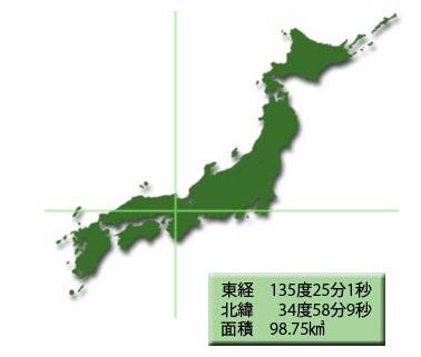 能勢町は東経135度25分1秒、北緯34度58分9秒の位置にあり、面積は98.75平方キロメートルであることを日本地図上で説明した画像